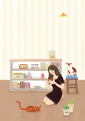 전신 PSD 동물 여자 행복 일러스트 책장 함께함 실내 세마리 한명 사람 앉기 책 반려동물 고양이 동물보호 반려 여자만 여자한명만 국내일러스트 1 감정 가구 컨셉 포유류 모션 3 내부 사회이슈 파일형식