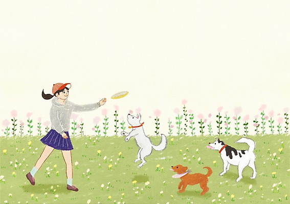 주간 전신 PSD 동물 여자 행복 일러스트 놀이 함께함 세마리 한명 서기 사람 잔디 야외 개 동물보호 반려 원반던지기 여자만 여자한명만 국내일러스트 자연요소 식물 1 감정 컨셉 포유류 모션 3 사회이슈 파일형식