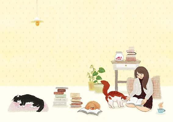 전신 PSD 동물 여자 행복 쿠션 일러스트 집안 함께함 세마리 한명 사람 앉기 책 반려동물 독서 고양이 잠 개 동물보호 반려 여자만 여자한명만 국내일러스트 1 감정 컨셉 포유류 모션 실내 3 사회이슈 파일형식