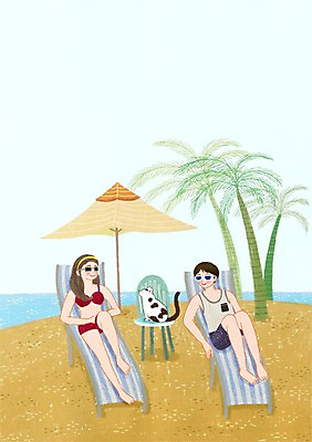 전신 PSD 동물 한마리 여자 남자 수영복 행복 바다 일러스트 휴가 함께함 사람 앉기 해변 두명 반려동물 선글라스 야자수 고양이 파라솔 선탠 선베드 동물보호 반려 국내일러스트 나무 1 옷 감정 안경 컨셉 의자 포유류 모션 사회이슈 파일형식