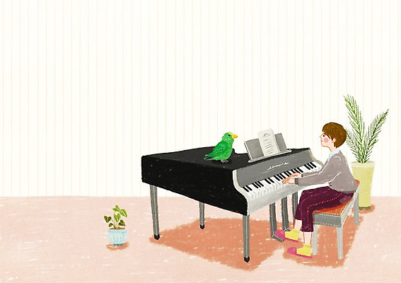 전신 PSD 동물 한마리 남자 행복 악기 연주 일러스트 조류 함께함 실내 한명 사람 앉기 건반 피아노 앵무새 동물보호 반려 남자만 남자한명만 국내일러스트 1 감정 음악 컨셉 모션 내부 건반악기 사회이슈 파일형식