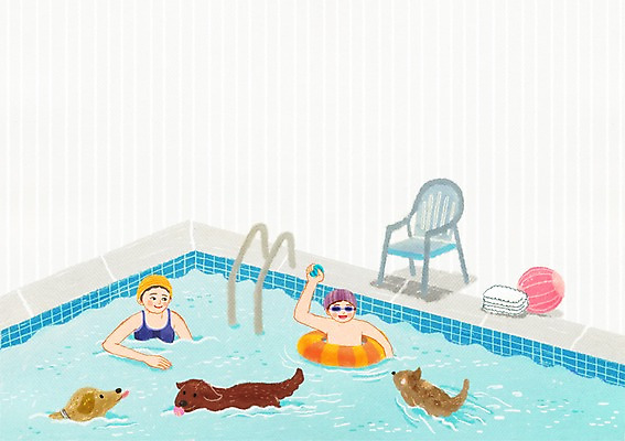 PSD 동물 여자 남자 수영복 행복 일러스트 수영장 함께함 실내 세마리 사람 두명 수영 개 공놀이 튜브 동물보호 반려 국내일러스트 옷 감정 컨셉 공 포유류 놀이 3 내부 수상스포츠 사회이슈 파일형식