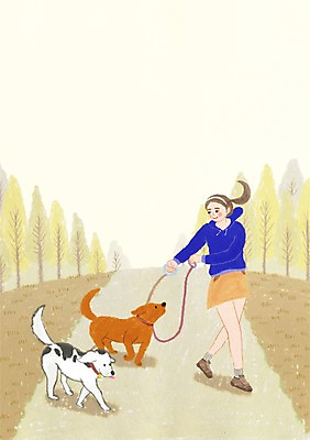 주간 전신 PSD 동물 공원 여자 행복 두마리 일러스트 함께함 한명 사람 야외 산책 산책로 개 동물보호 목줄 반려 여자만 여자한명만 국내일러스트 자연요소 1 공공시설 감정 길 컨셉 2 포유류 휴식 사회이슈 파일형식 반려용품