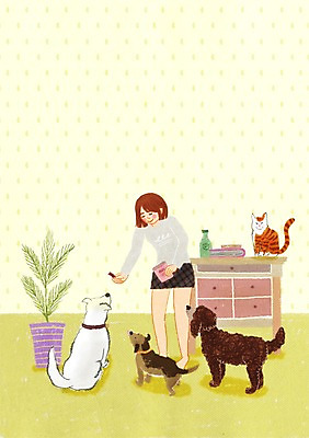 전신 PSD 동물 여자 행복 여러마리 일러스트 디저트 함께함 실내 한명 서기 사람 반려동물 고양이 개 서랍장 동물보호 반려 여자만 여자한명만 국내일러스트 1 감정 음식 가구 다수 컨셉 포유류 모션 내부 사회이슈 파일형식