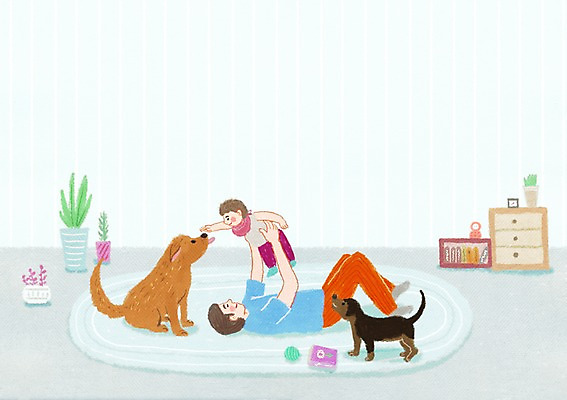 PSD 동물 여자 남자 행복 두마리 일러스트 가족 놀이 함께함 실내 사람 두명 아기 아빠 개 동물보호 반려 국내일러스트 감정 컨셉 2 포유류 관계 내부 사회이슈 파일형식