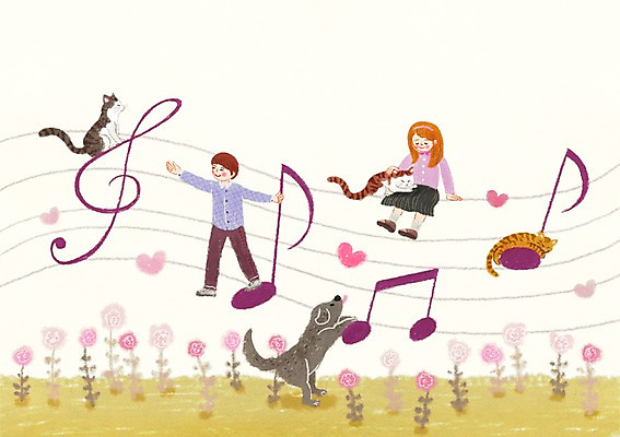 주간 PSD 식물 동물 여자 남자 꽃 행복 어린이 음악 음표 여러마리 일러스트 함께함 사람 야외 두명 반려동물 고양이 개 오선지 동물보호 어린이만 국내일러스트 자연요소 기호 감정 다수 컨셉 포유류 문화예술 사회이슈 악보 오선 파일형식