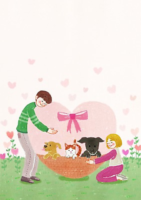 PSD 동물 여자 남자 행복 일러스트 안기 함께함 세마리 사람 두명 반려동물 바구니 눈감음 고양이 하트 개 동물보호 반려 국내일러스트 모양 감정 컨셉 포유류 모션 3 사회이슈 파일형식