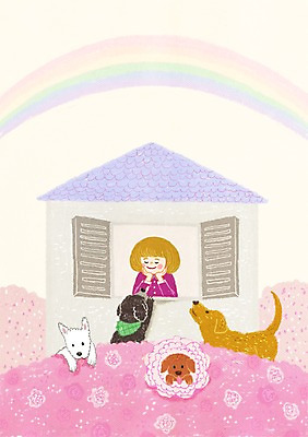 PSD 동물 여자 꽃 행복 무지개 여러마리 일러스트 창문 주택 함께함 한명 사람 턱괴기 개 동물보호 반려 여자만 여자한명만 국내일러스트 자연요소 식물 1 감정 다수 컨셉 포유류 모션 건물 사회이슈 파일형식