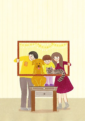 전신 PSD 동물 여자 남자 행복 두마리 일러스트 가족 탁자 함께함 실내 틀 서기 사람 세명 반려동물 고양이 개 가족사진 동물보호 국내일러스트 감정 가구 컨셉 2 포유류 관계 모션 내부 사회이슈 파일형식 단체사진