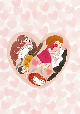 PSD 동물 여자 남자 행복 여러마리 일러스트 함께함 사랑 사람 두명 반려동물 눕기 고양이 하트 개 동물보호 국내일러스트 모양 감정 다수 컨셉 포유류 모션 사회이슈 파일형식