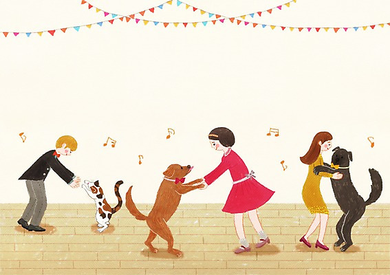 전신 PSD 동물 여자 남자 행복 음악 일러스트 나비넥타이 함께함 실내 세마리 서기 사람 장식 세명 반려동물 파티 고양이 춤 개 동료 동물보호 국내일러스트 감정 컨셉 포유류 관계 모션 넥타이 문화예술 3 이벤트 내부 사회이슈 파일형식