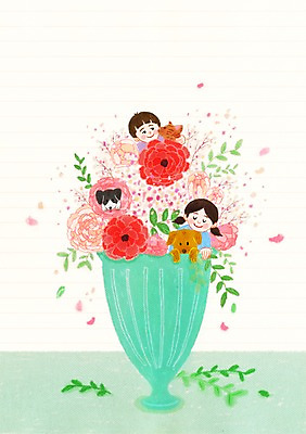 PSD 식물 동물 여자 남자 꽃 행복 일러스트 함께함 세마리 사람 두명 반려동물 꽃병 고양이 개 동물보호 국내일러스트 감정 컨셉 포유류 3 사회이슈 파일형식