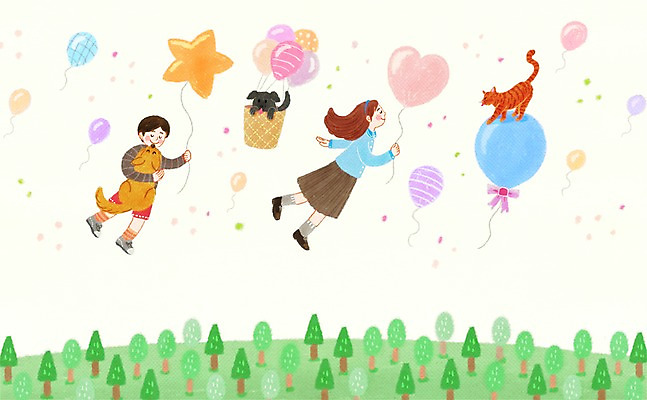 PSD 나무 식물 동물 여자 남자 행복 일러스트 하늘 함께함 세마리 사람 두명 반려동물 고양이 비행 개 풍선 동물보호 국내일러스트 감정 컨셉 포유류 3 사회이슈 파일형식