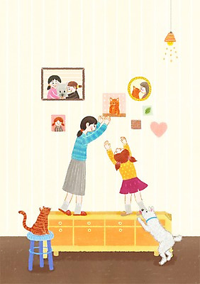 전신 PSD 동물 여자 딸 행복 액자 두마리 일러스트 가족 엄마 함께함 실내 서기 사람 두명 반려동물 고양이 개 서랍장 동물보호 기념사진 여자만 국내일러스트 감정 가구 컨셉 2 포유류 관계 모션 내부 사회이슈 파일형식