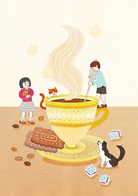 PSD 동물 여자 남자 행복 커피 음료 어린이 두마리 일러스트 함께함 사람 두명 반려동물 쿠키 고양이 연기 개 커피잔 각설탕 동물보호 어린이만 국내일러스트 감정 컨셉 2 포유류 디저트 잔 설탕 사회이슈 파일형식