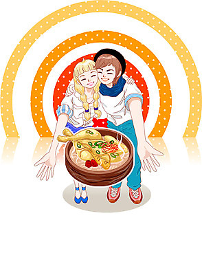 전신 커플 여자 남자 행복 음식 일러스트 데이이벤트 어깨동무 여름음식 함께함 사랑 서기 웃음 사람 두명 기쁨 복날 즐거움 만족 뚝배기 삼계탕 제철음식 삼복 국내일러스트 AI파일 기념일 감정 포즈 컨셉 관계 모션 표정 보양식 제철 파일형식 벡터 여름_계절