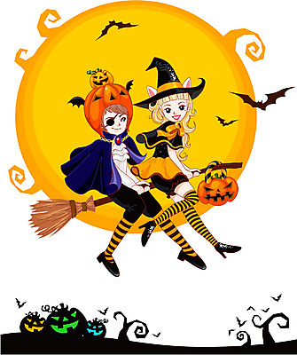 커플 여자 남자 행복 일러스트 데이이벤트 호박 함께함 사랑 사람 두명 파티 기쁨 할로윈 보름달 비행 빗자루 즐거움 만족 마녀 박쥐 코스프레 국내일러스트 AI파일 기념일 감정 컨셉 채소 포유류 관계 이벤트 달 청소도구 파일형식 벡터