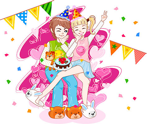 커플 여자 남자 행복 일러스트 데이이벤트 함께함 실내화 사랑 사람 두명 파티 케이크 기쁨 고깔모자 축하 생일 즐거움 만족 생일축하 국내일러스트 AI파일 모자_잡화 기념일 감정 신발 컨셉 관계 디저트 이벤트 파일형식 벡터