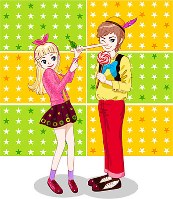 전신 커플 여자 남자 행복 별 일러스트 데이이벤트 함께함 막대사탕 사랑 서기 사람 두명 기쁨 즐거움 만족 코 거짓말 만우절 피노키오 국내일러스트 AI파일 자연요소 기념일 감정 컨셉 관계 모션 동화 사탕 신체부위 파일형식 벡터