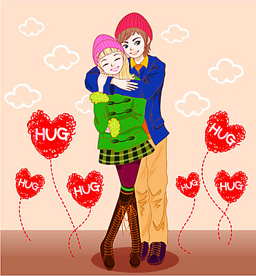 전신 커플 여자 남자 행복 일러스트 포옹 데이이벤트 함께함 사랑 서기 사람 두명 기쁨 하트 즐거움 만족 백허그 허그데이 국내일러스트 AI파일 모양 기념일 감정 컨셉 관계 안기 모션 파일형식 벡터