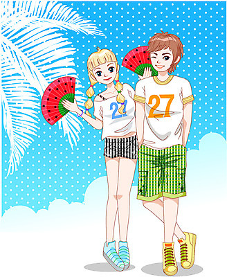 전신 커플 계절 여자 남자 행복 일러스트 데이이벤트 함께함 사랑 서기 사람 두명 여름 기쁨 부채 즐거움 만족 주머니손 바다의날 국내일러스트 AI파일 기념일 감정 컨셉 관계 모션 파일형식 벡터