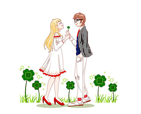 전신 커플 여자 남자 행복 일러스트 데이이벤트 함께함 사랑 서기 웃음 들기 사람 마주보기 기쁨 행운 네잎클로버 클로버 즐거움 만족 국내일러스트 AI파일 식물 기념일 감정 컨셉 관계 모션 표정 파일형식 벡터