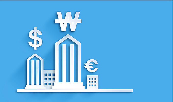 아이콘 컬러 백그라운드 빌딩 사람없음 건물 파란색 달러 유로 원화 화폐기호 플랫 페이퍼아트 플랫아이콘 2D아이콘 AI파일 건축물 기호 돈 화폐 파일형식 벡터