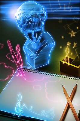 PSD 편집 편집이미지 교육 백그라운드 상상 포토일러 미술 사람 세명 빛 연필 광선 스케치북 합성 네온 석고상 라이트페인팅 네온아트 이미지편집 페인팅 문화예술 학용품 필기구 파일형식