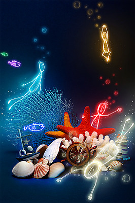 PSD 편집 편집이미지 백그라운드 상상 포토일러 불가사리 사람 여러명 빛 바닷속 광선 잠수 합성 네온 라이트페인팅 네온아트 이미지편집 다수 페인팅 극피동물 수중 파일형식