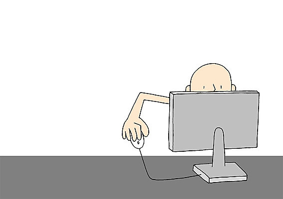 PSD 응시 일러스트 상상 상상일러스트 한명 사람 상반신 컴퓨터 마우스 책상 국내일러스트 1 시선 가구 전자제품 컴퓨터용품 파일형식