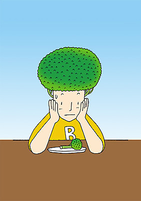 PSD 접시 응시 남자 채소 일러스트 상상 식탁 상상일러스트 한명 사람 상반신 턱괴기 브로콜리 채식 편식 남자만 남자한명만 국내일러스트 1 식기 시선 모션 탁자 식생활 파일형식