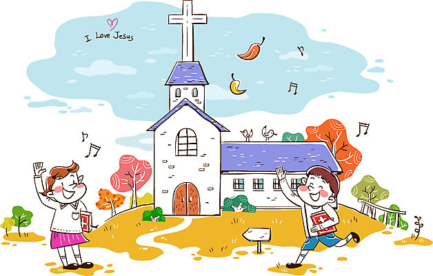 전신 여자 남자 행복 기독교 어린이 백그라운드 일러스트 서기 사람 두명 건물 교회 손들기 인사 어린이만 국내일러스트 AI파일 건축물 감정 종교 종교건축 모션 예절 파일형식 벡터