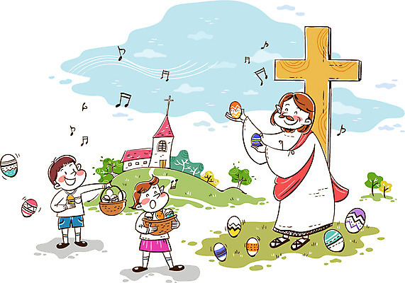 여자 남자 행복 기독교 어린이 백그라운드 십자가 일러스트 부활절 들기 사람 세명 바구니 계란 예수 국내일러스트 AI파일 기념일 감정 종교 모션 알 신_종교 파일형식 벡터