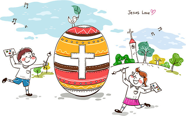 여자 남자 행복 기독교 어린이 백그라운드 십자가 일러스트 부활절 들기 사람 두명 계란 물감 어린이만 국내일러스트 AI파일 기념일 감정 종교 모션 알 미술도구 파일형식 벡터