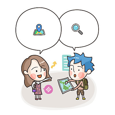 라이프스타일 여자 남자 말풍선 지도 일러스트 돋보기 사람 두명 표현 길찾기 국내일러스트 AI파일 생활 파일형식 벡터