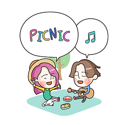 라이프스타일 커플 여자 남자 말풍선 일러스트 사람 두명 소풍 기타 표현 돗자리 도시락 국내일러스트 음식 관계 현악기 생활 야외활동