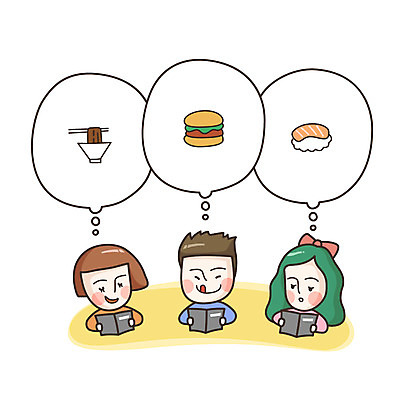 라이프스타일 여자 남자 음식 말풍선 생각 일러스트 사람 세명 표현 메뉴 국내일러스트 AI파일 생활 파일형식 벡터