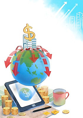 PSD 화살표 지구 일러스트 비즈니스 빌딩 사람없음 경제 태블릿 펜 지구본 달러 동전 머그컵 화폐기호 국내일러스트 기호 돈 건물 컵 전자제품 스마트기기 필기구 화폐 파일형식