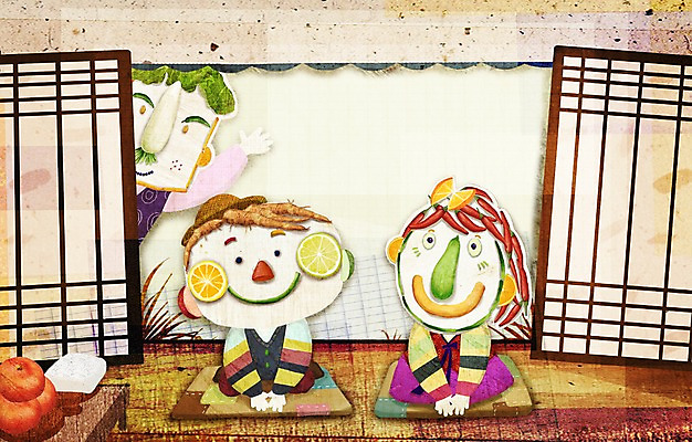 PSD 계절 여자 명절 남자 일러스트 사람 세명 문 추석 가을풍경 농촌 표현 인사 절 한복 국내일러스트 한국전통 전통 기념일 풍경 시골 예절 전통의상 파일형식 가을_계절