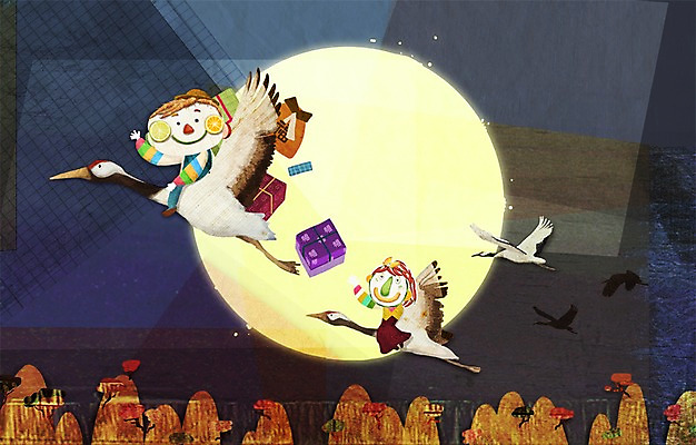 PSD 계절 여자 명절 남자 일러스트 선물 사람 두명 추석 가을풍경 학 보름달 농촌 표현 한복 추석선물 국내일러스트 한국전통 전통 기념일 조류 풍경 달 시골 전통의상 파일형식 명절선물 가을_계절