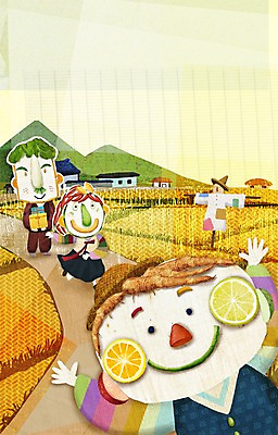 PSD 계절 여자 명절 남자 일러스트 논 사람 세명 추석 가을풍경 농촌 표현 한복 고향 국내일러스트 한국전통 전통 기념일 농업 풍경 시골 전통의상 파일형식 가을_계절