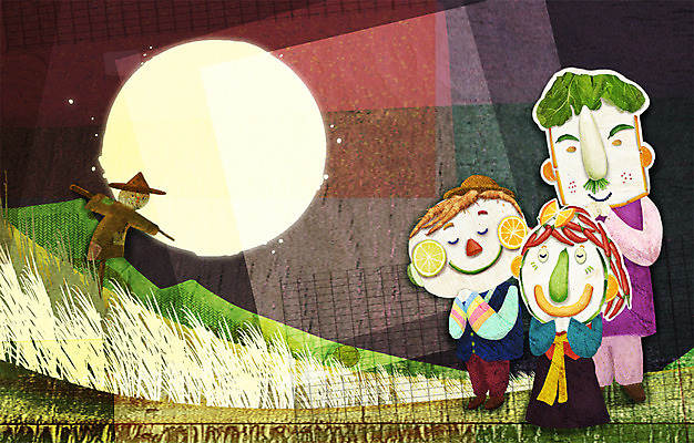 PSD 계절 여자 명절 남자 일러스트 사람 세명 추석 가을풍경 보름달 기도 농촌 표현 한복 소원 국내일러스트 한국전통 전통 기념일 풍경 달 시골 전통의상 파일형식 가을_계절