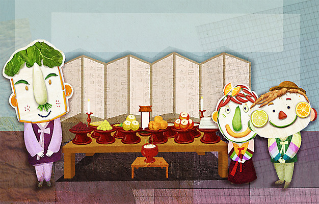 PSD 계절 여자 명절 남자 일러스트 사람 세명 추석 가을풍경 농촌 표현 한복 제사상 국내일러스트 한국전통 전통 기념일 풍경 시골 전통의상 제사 파일형식 가을_계절