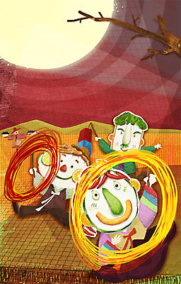 PSD 계절 여자 명절 남자 일러스트 사람 세명 추석 가을풍경 전통놀이 보름달 농촌 표현 한복 쥐불놀이 국내일러스트 한국전통 전통 기념일 놀이 풍경 달 시골 전통의상 파일형식 가을_계절