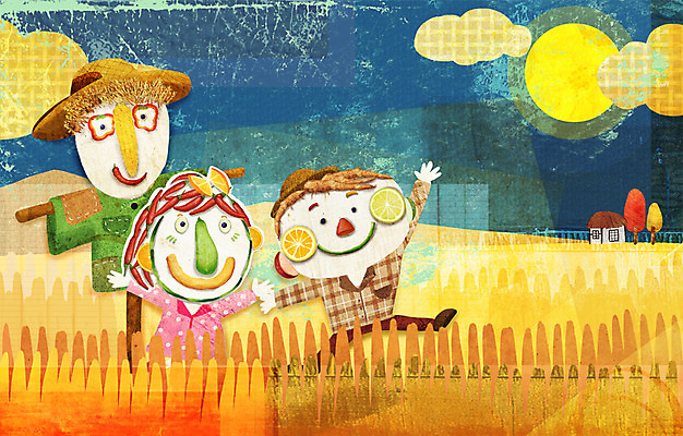 PSD 계절 여자 남자 일러스트 사람 초원 두명 가을풍경 수확 농촌 표현 허수아비 국내일러스트 농업 풍경 시골 파일형식 가을_계절