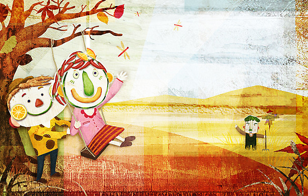 PSD 계절 여자 남자 일러스트 사람 세명 가을풍경 수확 나뭇가지 농촌 표현 놀이기구 그네 국내일러스트 나무 농업 풍경 시골 파일형식 가을_계절