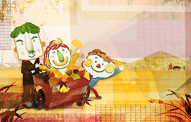 PSD 계절 여자 남자 단풍 낙엽 일러스트 사람 세명 가을풍경 수레 수확 농촌 표현 국내일러스트 잎 농업 풍경 카트 시골 파일형식 가을_계절