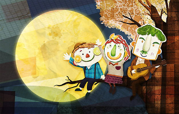 PSD 계절 여자 남자 일러스트 사람 세명 가을풍경 수확 보름달 나뭇가지 기타 농촌 표현 국내일러스트 나무 농업 현악기 풍경 달 시골 파일형식 가을_계절