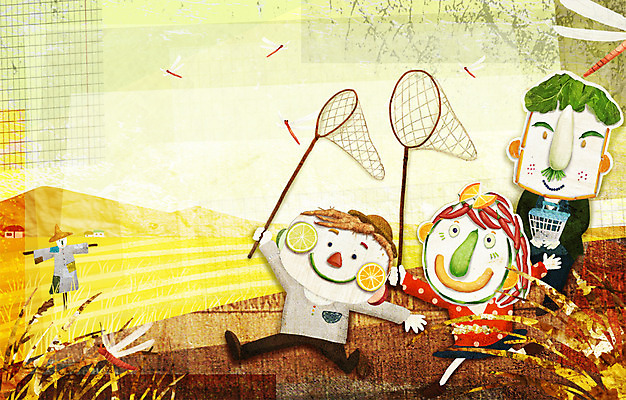 PSD 계절 여자 남자 일러스트 사람 세명 가을풍경 수확 농촌 표현 잠자리 곤충채집 채집망 국내일러스트 곤충 농업 풍경 시골 수집 파일형식 가을_계절