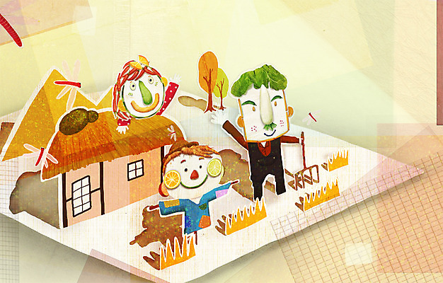 PSD 계절 여자 남자 일러스트 초가집 사람 세명 가을풍경 농사 수확 농촌 표현 허수아비 국내일러스트 농업 한옥 풍경 시골 파일형식 가을_계절